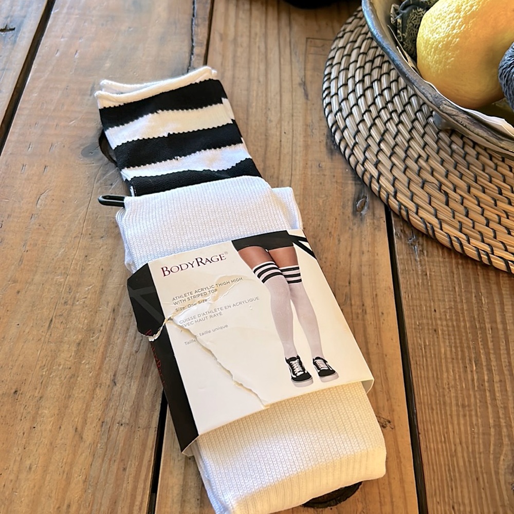 Spencer’s white with black stripes thigh high socks